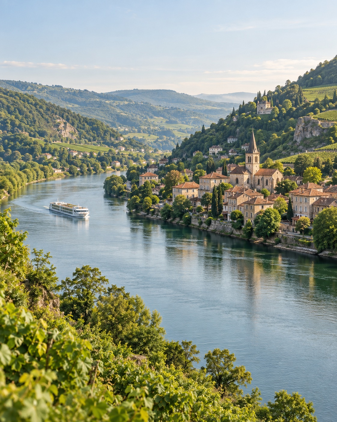 An imagined European riverside village, green hills and a small cruise ship in warm morning light